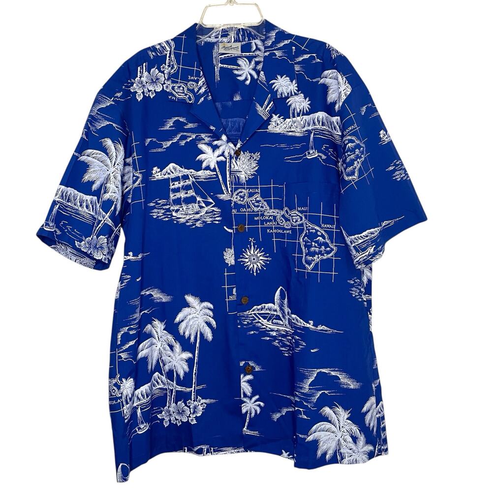Vintage Royal Creations Blue Hawaiian Shirt Mens Size XL Bottom Up Short Sleeve